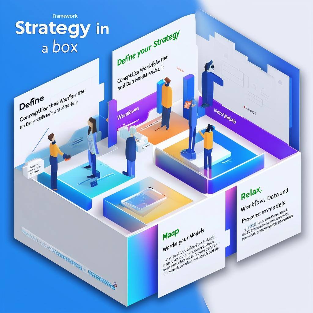 An image of the Strategy in a Box Framework, depicting four steps Define your Strategy, Conceptualize the Workflow and Data Model, Map your Workflow,